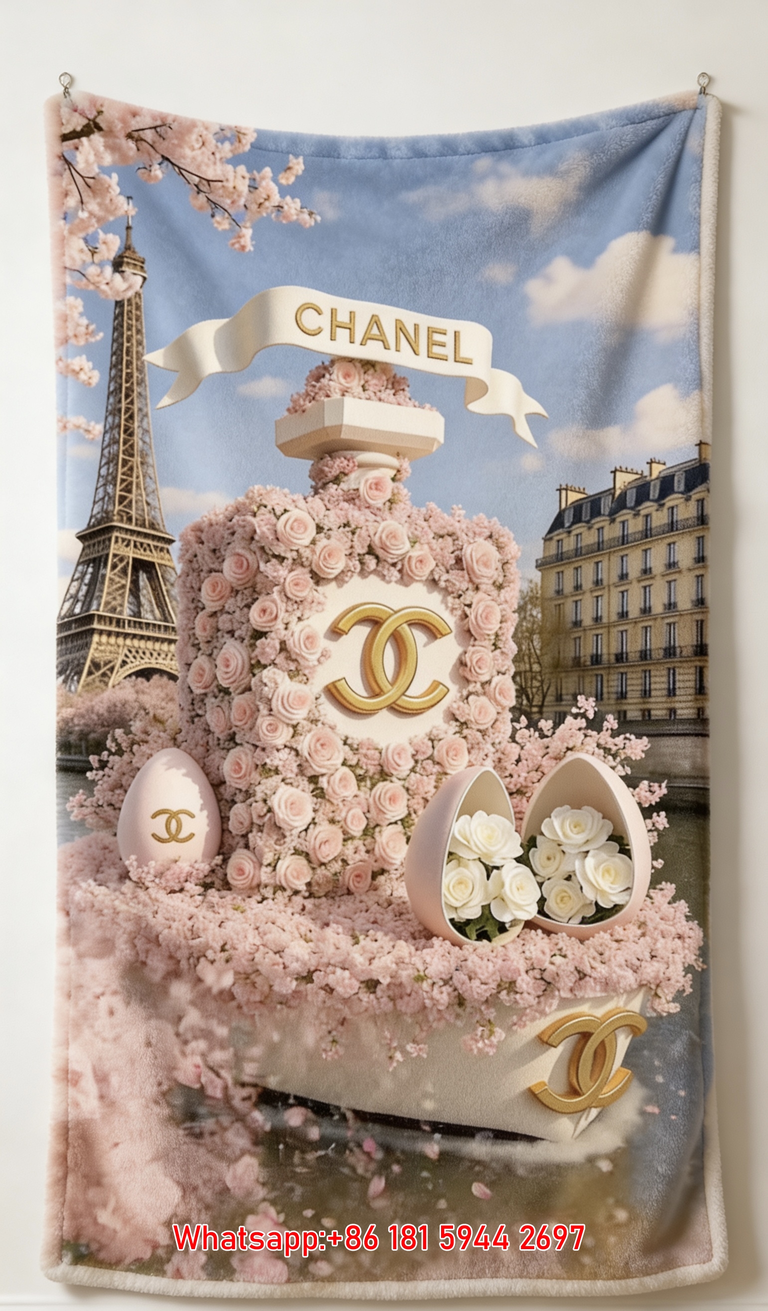 Luxury Chanel Perfume Bottle Flannel Throw Blanket  Paris Eiffel Tower Cherry Blossom Print IMG_7196